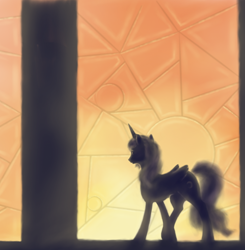 Size: 1000x1020 | Tagged: safe, artist:grayma1k, princess luna, alicorn, pony, backlighting, solo, stained glass, sun, sunset