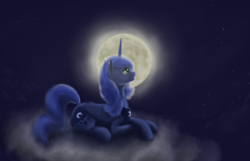 Size: 1000x644 | Tagged: safe, artist:grayma1k, princess luna, alicorn, pony, cloud, moon, on a cloud, s1 luna, sitting, sitting on cloud, solo