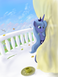 Size: 754x1000 | Tagged: safe, artist:grayma1k, princess luna, alicorn, pony, balcony, curtains, hay stalk, mug, s1 luna, solo