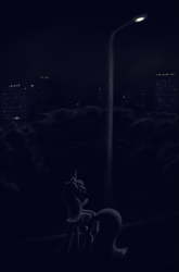 Size: 659x1000 | Tagged: safe, artist:grayma1k, princess luna, alicorn, pony, city, cityscape, dark, lamppost, s1 luna, solo