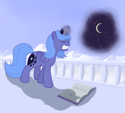 Size: 800x721 | Tagged: safe, artist:grayma1k, princess luna, alicorn, pony, balcony, book, effort, eyes closed, gritted teeth, magic, s1 luna, solo