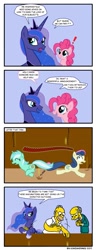 Size: 541x1416 | Tagged: safe, artist:gonzahermeg, bon bon, lyra heartstrings, pinkie pie, princess luna, sweetie drops, alicorn, earth pony, pony, bits, comic, crossover, homer simpson, mr. burns, the simpsons