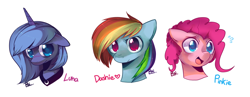 Size: 1280x496 | Tagged: safe, artist:pekou, pinkie pie, princess luna, rainbow dash, alicorn, earth pony, pegasus, pony, bust, looking at you, portrait, s1 luna, simple background