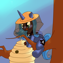 Size: 1024x1024 | Tagged: safe, artist:snus-kun, princess luna, alicorn, bee, pony, beehive, beekeeper, s1 luna, solo, this will end in tears, tree