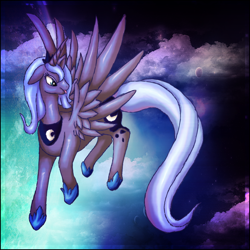 Size: 1000x1000 | Tagged: safe, artist:jewlecho, princess luna, alicorn, pony, cloud, cloudy, flying, s1 luna, solo, tongue out