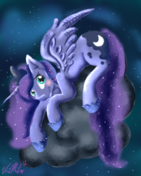 Size: 1024x1280 | Tagged: safe, artist:siempre-cayendo, princess luna, alicorn, pony, cloud, cloudy, night, prone, solo