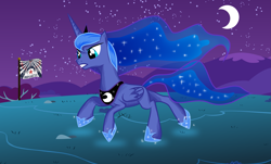Size: 2667x1613 | Tagged: safe, artist:sierraex, princess luna, alicorn, pony, ethereal mane, female, hoof shoes, mare, moon, new lunar republic, night, running, solo, sparkles, starry mane, stars