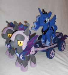 Size: 900x994 | Tagged: safe, artist:agatrix, princess luna, chariot, echo (bat pony), echo and nocturn, irl, luna's chariot, night guard, nocturn, photo, plushie