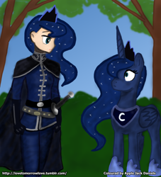 Size: 906x1000 | Tagged: safe, artist:apple-jack-daniels, artist:johnjoseco, princess luna, human, pony, archers, clothes, colored, cute, feminism, human ponidox, humanized, knife-fighters, lunabetes, lunasass, martial artists, military tacticians, military uniform, rapier, spearfishing, sword, swordfighters, uniform, warrior luna, weapon