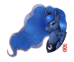 Size: 590x491 | Tagged: safe, artist:slightly-stratus, princess luna, alicorn, pony, bust, colored pupils, profile, simple background, smug, smugluna, solo