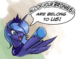 Size: 1094x857 | Tagged: safe, artist:hattonslayden, princess luna, alicorn, pony, abstract background, all your base are belong to us, brony, meme, s1 luna, solo, speech bubble, zero wing