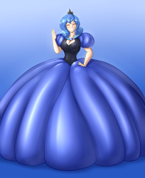 Size: 2094x2560 | Tagged: safe, artist:hyperstorm_h, artist:toughset, color edit, edit, princess luna, human, breasts, cleavage, clothes, colored, cute, dress, expy, gown, humanized, impossibly large dress, luna of atlantis, lunabetes, pageant wave, princess, s1 luna, shiny, smiling, smiling at you, waving