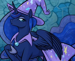 Size: 1000x805 | Tagged: safe, artist:alice-the-sable, princess luna, trixie, pony, unicorn, cape, clothes, cosplay, female, hat, mare, solo, trixie's cape, trixie's hat