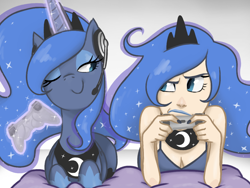 Size: 1024x768 | Tagged: safe, artist:thelivingmachine02, princess luna, human, pony, controller, cute, gamer luna, human ponidox, humanized, looking at each other, lunabetes, magic, one eye closed, smugluna, telekinesis