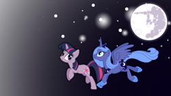 Size: 1920x1080 | Tagged: safe, artist:rawrnate, princess luna, twilight sparkle, alicorn, pony, female, lesbian, moon, s1 luna, shipping, twiluna, wallpaper