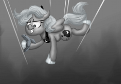 Size: 800x559 | Tagged: safe, artist:whiteeyedcat, princess luna, alicorn, pony, banana, cartographer's cavendish, cute, falling, fanart, grayscale, grin, monochrome, moonstuck, origami, scene interpretation, smirk, solo, woona