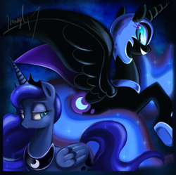 Size: 1053x1050 | Tagged: safe, artist:honeyl17, nightmare moon, princess luna, alicorn, pony, duality, duo