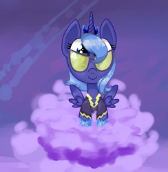 Size: 909x933 | Tagged: safe, artist:twistydoo, princess luna, alicorn, pony, clothes, cloud, costume, cute, shadowbolts, shadowbolts costume, solo, sunglasses, woona