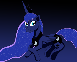 Size: 1600x1293 | Tagged: safe, artist:playfulpossum, princess luna, alicorn, pony, female, horn, mare, prone, solo