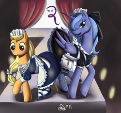 Size: 1081x1006 | Tagged: safe, artist:alipes, applejack, princess luna, alicorn, earth pony, pony, clothes, maid, mary janes, s1 luna