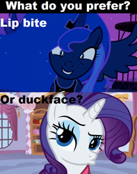 Size: 576x730 | Tagged: safe, princess luna, rarity, alicorn, pony, unicorn, duckface, lip bite, meta