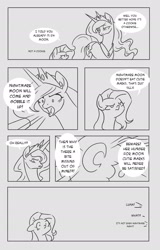 Size: 1229x1920 | Tagged: safe, artist:valkyrie-girl, princess luna, oc, oc:blue moon, alicorn, pony, comic, monochrome