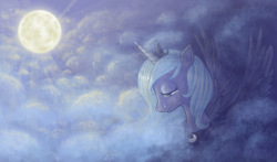 Size: 1782x1049 | Tagged: safe, artist:tinuleaf, princess luna, alicorn, pony, cloud, cloudy, crying, moon, night, s1 luna, sad, solo