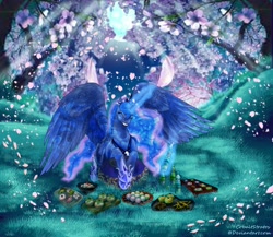 Size: 1500x1300 | Tagged: safe, artist:cobaltstratos, princess luna, alicorn, pony, eyes closed, flower, food, happy, prone, solo