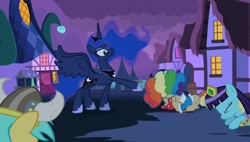 Size: 848x480 | Tagged: safe, screencap, mayor mare, princess luna, sunshower raindrops, alicorn, pony, luna eclipsed, clown