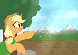 Size: 1280x908 | Tagged: safe, artist:badgerben, applejack, earth pony, pony, winter wrap up, bucket, clothes, cowboy hat, farm, female, hat, mare, mountain, outdoors, plant team, seeds, solo, spring is here, stetson, tree, vest, winter wrap up vest