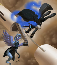 Size: 1178x1357 | Tagged: safe, artist:alipes, nightmare moon, princess luna, alicorn, pony, cloud strife, crossover, female, fight, final fantasy, final fantasy vii, hilarious in hindsight, mare, s1 luna, sephiroth, sword, weapon