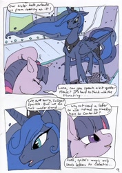 Size: 792x1120 | Tagged: safe, artist:feniiku, princess luna, twilight sparkle, unicorn twilight, alicorn, pony, unicorn, comic:the discordance of star swirl, comic, duo, ethereal mane, female, hoof shoes, mare, peytral, speech bubble