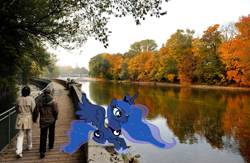 Size: 990x646 | Tagged: safe, artist:ilovehersheyssomuch, princess luna, alicorn, human, pony, autumn, germany, irl, irl human, photo, ponies in real life, river, vector