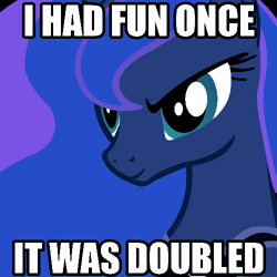 Size: 500x500 | Tagged: safe, princess luna, alicorn, pony, bust, caption, i had fun once and it was awful, image macro, solo, the fun has been doubled