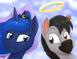 Size: 1280x987 | Tagged: safe, artist:hyperstorm_h, princess luna, oc, oc:cetas, alicorn, pony, blushing, brony, close-up, dead, halo, looking at each other, memorial, ponysona, rest in peace, sky background, smiling