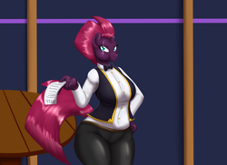 Size: 4812x3500 | Tagged: safe, alternate version, artist:badgerben, artist:blues64, tempest shadow, anthro, unicorn, series:the bottled night, my little pony: the movie, big breasts, bill, breasts, broken horn, busty fizzlepop berrytwist, clothes, eye scar, female, hand on hip, looking at you, mare, scar, solo, table, tempest pillows, waitress