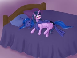 Size: 1070x811 | Tagged: safe, artist:v-invidia, princess luna, twilight sparkle, alicorn, pony, :o, bed, blushing, cuddling, cute, eyes closed, female, hug, lesbian, messy mane, missing accessory, nervous, on side, shipping, sleeping, smiling, snuggling, twiluna, wide eyes