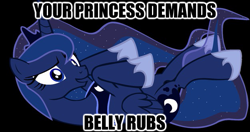 Size: 625x331 | Tagged: safe, artist:daydreamsyndrom, princess luna, alicorn, pony, bellyrubs, female, horn, image macro, mare