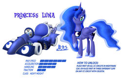 Size: 2323x1496 | Tagged: safe, artist:blue-paint-sea, princess luna, alicorn, pony, kart stats, mario kart, parody, ponykart