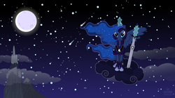 Size: 15360x8640 | Tagged: safe, artist:proenix, princess luna, alicorn, pony, absurd resolution, armor, cloud, cloudy, lidded eyes, looking at you, magic, moon, mountain, night, sitting, sky, smiling, solo, stars, stormcloud, sword, telekinesis, warrior luna, weapon