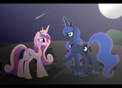 Size: 4020x2872 | Tagged: safe, artist:sotoco, princess cadance, princess luna, alicorn, pony, duo, duo female, female, mare, moon, night, shooting star