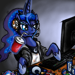 Size: 600x600 | Tagged: safe, artist:myminiatureequine, princess luna, alicorn, pony, computer, gamer luna, solo