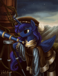 Size: 1000x1299 | Tagged: safe, artist:whitestar1802, prince artemis, princess luna, alicorn, pony, clothes, rule 63, solo, telescope