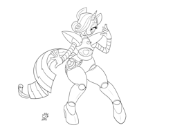 Size: 4137x3168 | Tagged: safe, artist:badgerben, rarity, anthro, plantigrade anthro, robot, absurd resolution, clothes, cosplay, costume, hair over one eye, looking at you, mettaton, monochrome, open mouth, raribot, rariton, solo, undertale