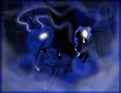 Size: 3000x2308 | Tagged: safe, artist:probablyfakeblonde, nightmare moon, princess luna, alicorn, pony, duality, glowing eyes, high res