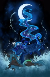 Size: 2550x3856 | Tagged: safe, artist:artist-apprentice587, princess luna, queen chrysalis, alicorn, changeling, changeling queen, pony, chrysaluna, crescent moon, eyes closed, female, high res, lesbian, moon, shipping