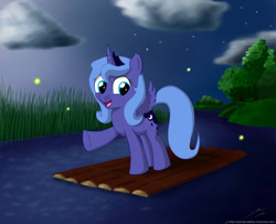 Size: 900x731 | Tagged: safe, artist:rule1of1coldfire, princess luna, alicorn, pony, raft, raised hoof, solo, water, woona