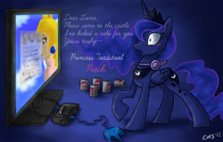 Size: 2180x1389 | Tagged: safe, artist:crabmeatstick, princess luna, alicorn, pony, female, gamer luna, horn, mare, nintendo