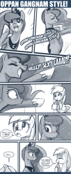 Size: 550x1350 | Tagged: safe, artist:johnjoseco, derpy hooves, princess luna, alicorn, pegasus, pony, ask, ask princess molestia, blushing, comic, female, gangnam style, lesbian, lunaderp, mare, mouth hold, muffin, shipping, tumblr, wide eyes