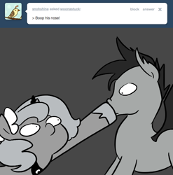Size: 666x673 | Tagged: safe, artist:egophiliac, princess luna, oc, oc:frolicsome meadowlark, bat pony, pony, ask, boop, comic, filly, flower, flower in hair, grayscale, monochrome, moonflower, moonstuck, tumblr, woona, woonoggles, younger